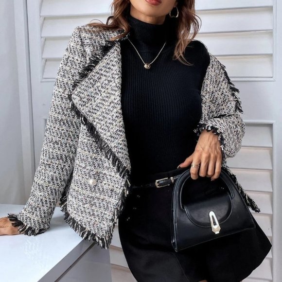 Preppy Womens Waterfall Neck Raw Trimmed Open Front Jacket Black/White - Picture 2 of 4